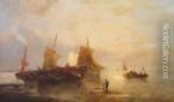 Figures With Shipping On The Shore Oil Painting - Francois Etienne Musin