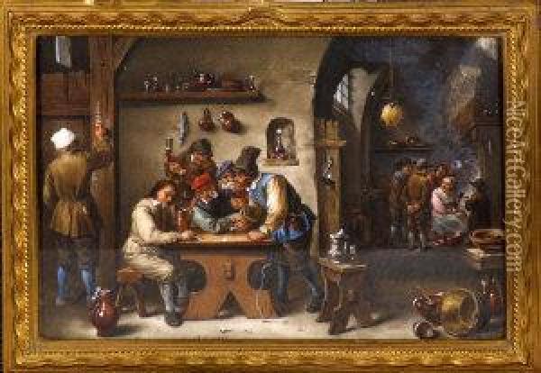 A Tavern Interior With Six Men Gaming At A Table And Other Figures Conversing In A Recess By A Smoking Fire Oil Painting - Albert Schumann