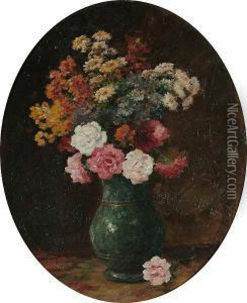 Still Life Of Flowers In A Green Vase Oil Painting - Eugene Richet