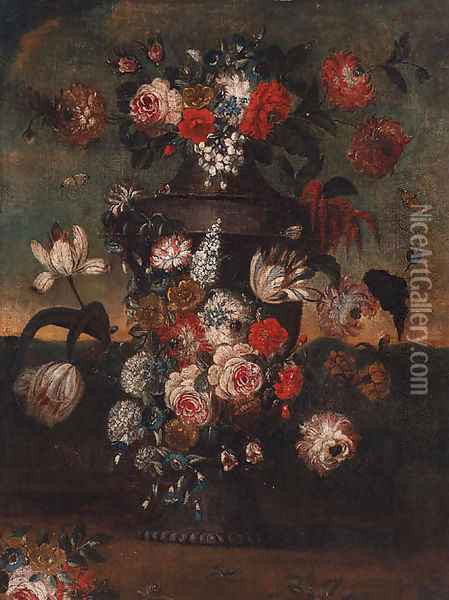 Flowers in an urn in a landscape Oil Painting - Pieter Casteels III