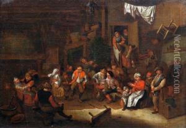 Wirtshausinterieur Mit Tanzenden Bauern. Oil Painting - Maarten Van Heemskerck