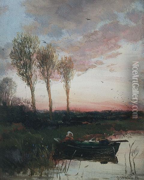 A Midsummer's Evening On The Lake Oil Painting - James Webb