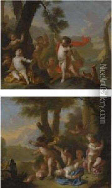 Landscapes With Putti Cavorting In A Landscape Oil Painting - Matheus Terwesten
