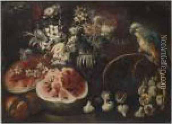 A Still Life With A Watermelon 
And Pomme Granates On A Wooden Table, A Vase With Tulips, Daffodils And 
Other Flowers And A Parrot On A Fallen Basket With Figs Oil Painting - Abraham Brueghel