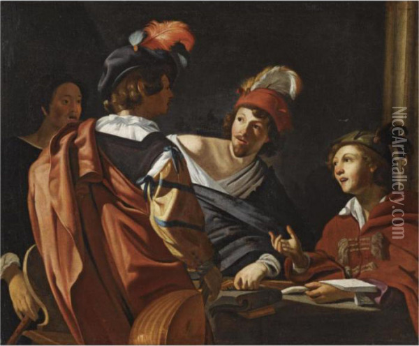 A Group Of Figures Around A Table Making Music Oil Painting - Salomon Rombouts