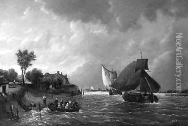 A river landscape with barges at full sail and townsfolk in the foreground Oil Painting - Antonie Waldorp