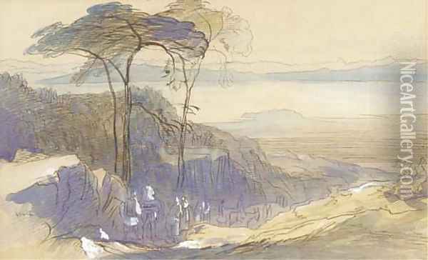 Greek figures and mules on a rocky track, Crete Oil Painting - Edward Lear
