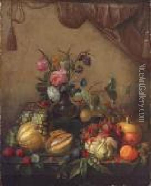 Grapes, Melons, Plums, Peaches, 
Oranges, Cherries, A Pumpkin, Aglass Of Wine And A Vase Of Flowers 
Before A Wall Draped With Acurtain Oil Painting - Jan Davidsz De Heem