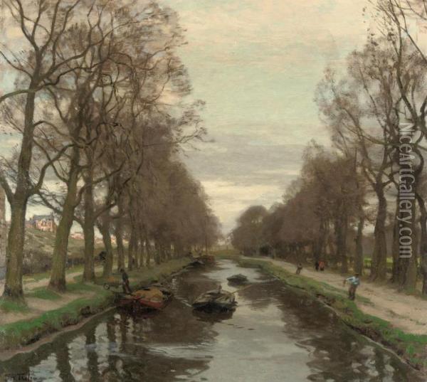 Barges On Het Kanaal, Between The Hague And Scheveningen Oil Painting - Willem Bastiaan Tholen