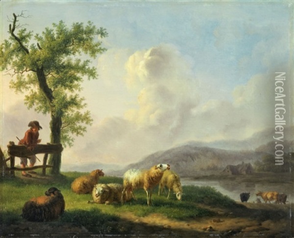 Flusslandschaft Mit Hirte Und Schafen Oil Painting - Balthasar Paul Ommeganck