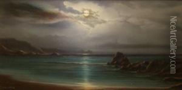 Rocky Coastal Scene By Moonlight Oil Painting - Aubrey Vincent Beardsley