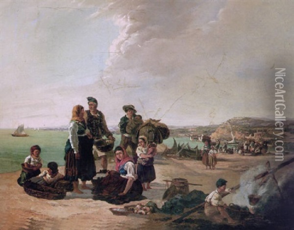 Fisherfolk On A Beach Before A Coastal Town Oil Painting - Thomas Jose Annunciacao