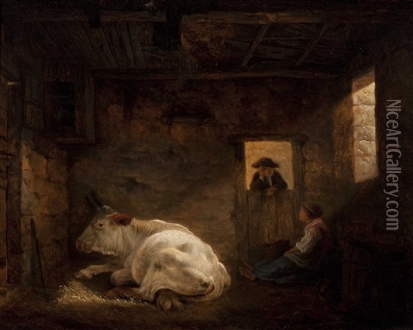 A Cow Resting In The Stable With A Farmer Conversing With A Milkmaid Oil Painting - Jean-Francois Legillon