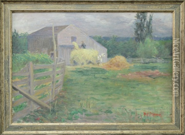 Landscape With Farmer Pitching Hay Oil Painting - Harold Streator