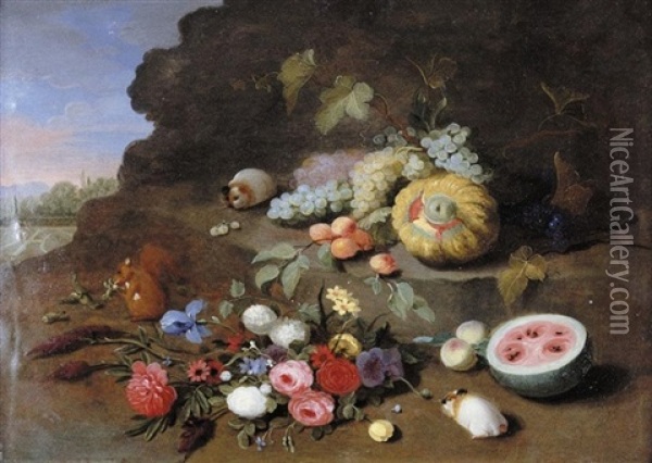 A Still Life With A Posy Of Flowers, A Squirrel, Guinea Pigs, Grapes, A Melon And A Watermelon Oil Painting - Jan van Kessel the Elder