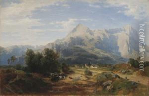 Veduta Di Garmish Parten Kirchen Con Il Massiccio Dello Zugsplitz - 1857 Oil Painting - Julius Rollmann
