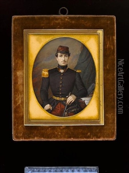 An Officer Of The Crimean War, Wearing Brown Coat With Gold Epaulette, Contre-epaulette, Gorget And Braided Belt, Crimson Trousers And Matching Cap With Black Rim Oil Painting - Amelie Daubigny