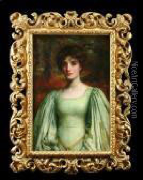 Portrait Ofa Young Woman Half Length, Wearing A Green Dress, In A Woodlandsetting Oil Painting - William Clarke Wontner