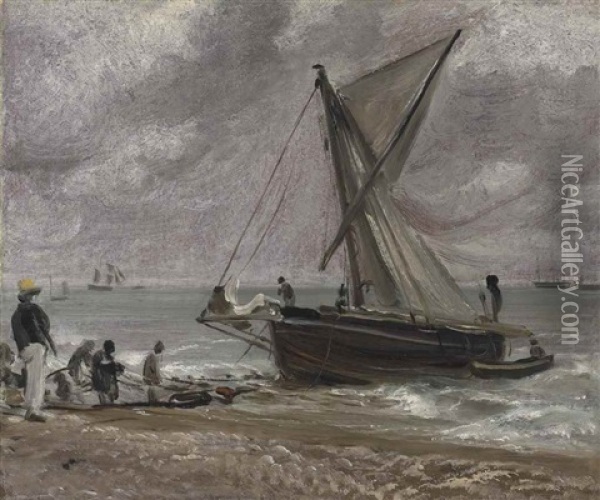 Beaching A Boat, Brighton Oil Painting - John Constable