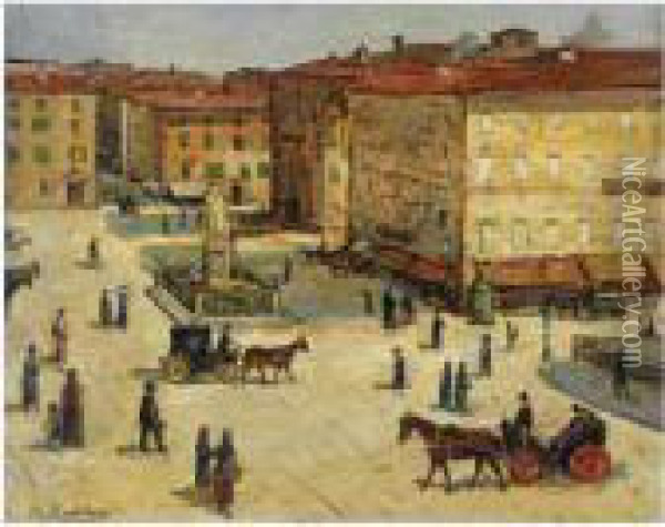 Piazza Cavour A Livorno Oil Painting - Giovanni Bartolena