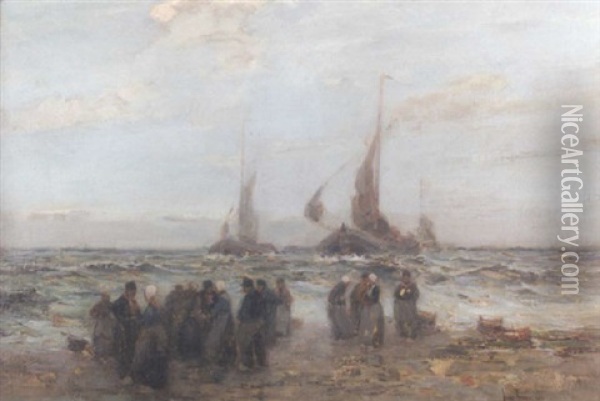 Dutch Fisherfolk Waiting For The Boats Oil Painting - John Terris