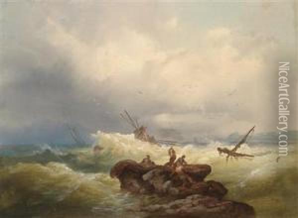 Saved By The Rocks In Stormy Seas Oil Painting - Josef Carl Berthold Puttner