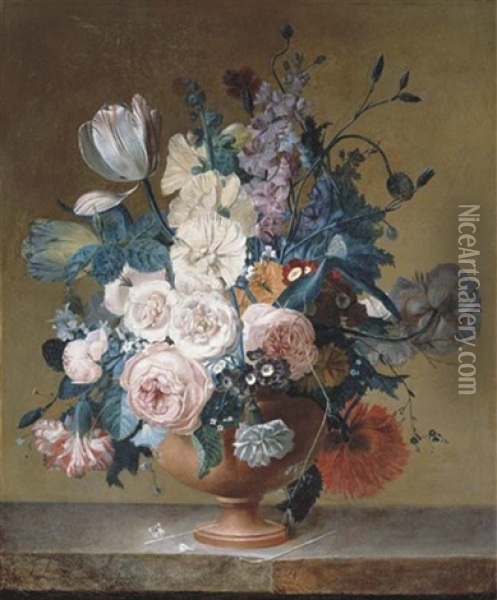 Roses, Tulips, Peonies, Stocks, Carnations, Poppies And Other Flowers In A Terracotta Vase On A Marble Ledge Oil Painting - Jean Louis Prevost