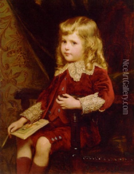 Portrait Of A Young Boy In A Red Velvet Suit With Lace Trim, Holding A Book In His Right Hand Oil Painting - Alfred Edward Emslie