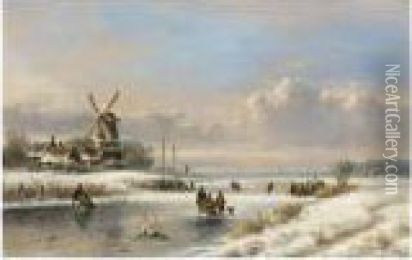 A Winter Landscape With Skaters 
On A Frozen River; A Summer Landscape With Sailing Vessels On A River (a
 Pair) Oil Painting - Lodewijk Johannes Kleijn
