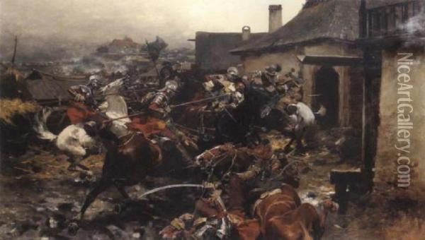 A Cavalry Skirmish On The Outskirts Of A Town Oil Painting - Jozef Von Brandt