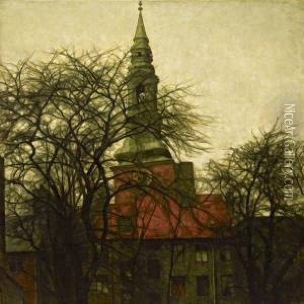 The Spire Of Saintpetri Church, Copenhagen Oil Painting - Svend Hammershoi