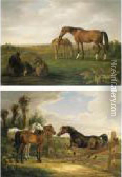 Vollbluter Mit Fohlen Und Auf 
Der Koppel (thoroughbreds With Their Foals And In A Paddock): A Pair Oil Painting - Adam Albrecht