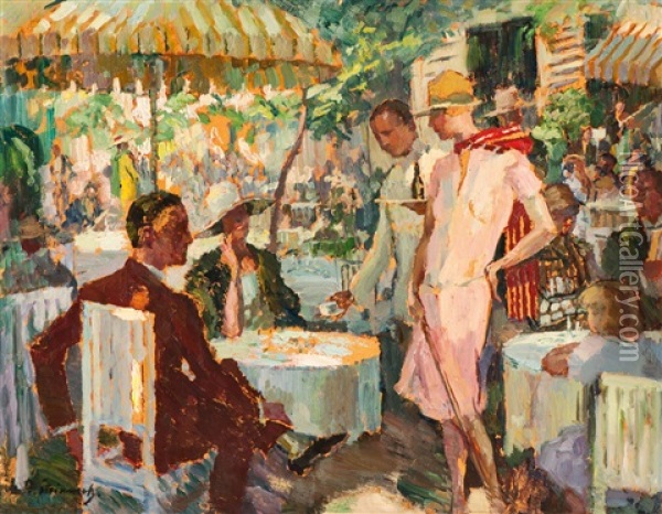 Auf Der Terrasse Eines Cafes Oil Painting - Beppo (Joseph) Steinmetz