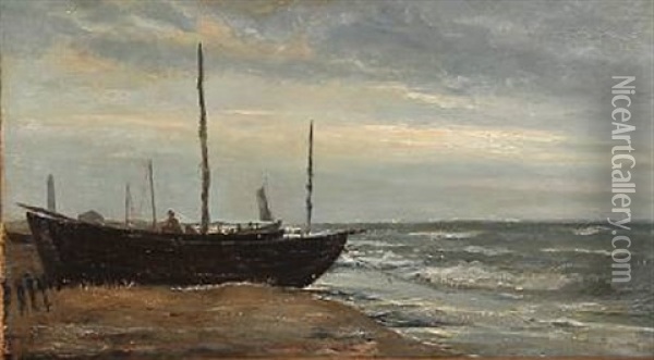 Coastal Scene With A Fishing Boat, Skagen Oil Painting - Holger Henrik Herholdt Drachmann