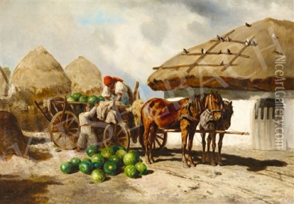 After Melone Harvest Oil Painting - Ferenc (Franz) Ujhazy