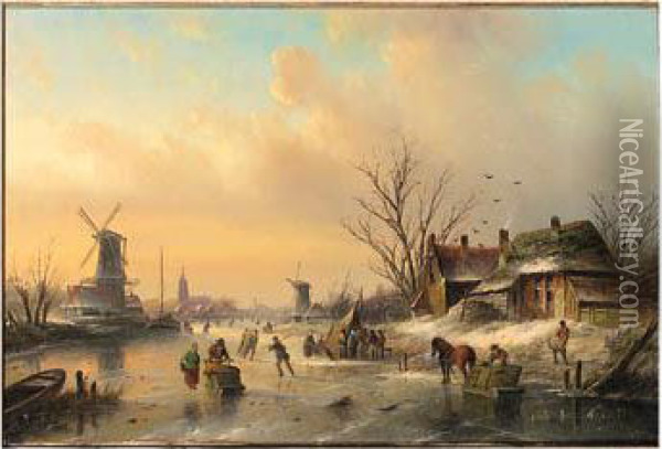 A Winter Landscape With Figures 
Skating And Townsfolk Gatheredaround A Koek En Zopie At Dusk Oil Painting - Jan Jacob Coenraad Spohler