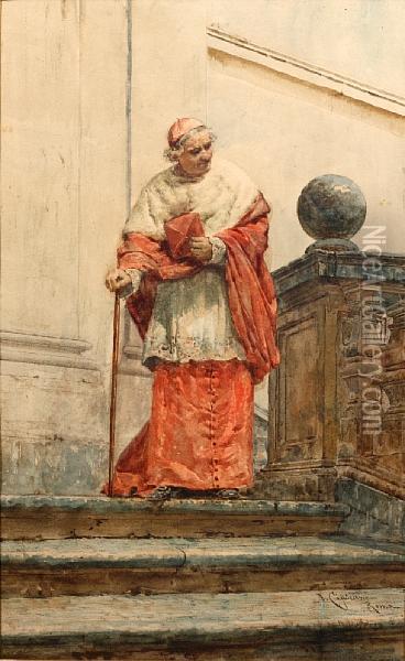 A Cardinal On The Steps Of A Building Oil Painting - Nazareno Cipriani