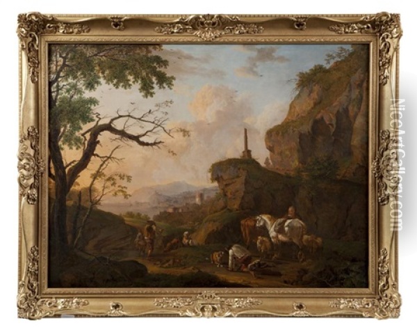 Italianate Landscape With Travellers And Animals On A Wooded Path Oil Painting - Nicholas Henri Joseph Fassin