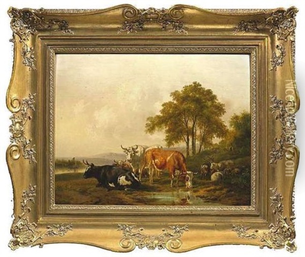 Rinder Und Schafe In Sommerlicher Fluslandschaft Oil Painting - Pieter Gerardus Van Os