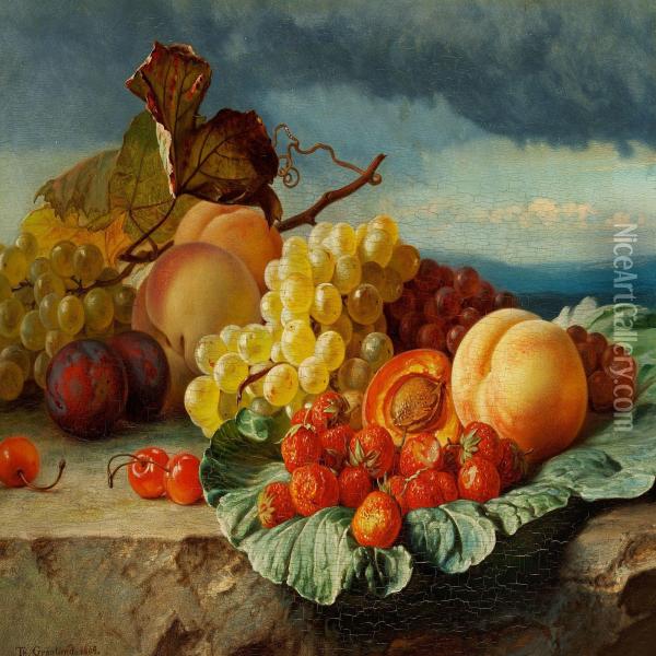 Still Life With Peaches, Strawberries And Grapes In A Landscape Oil Painting - Theude Gronland