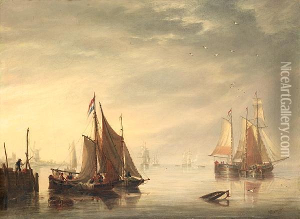 Dutch Traders In A Flat Calm At Eventide Off The East Coast Oil Painting - John Wilson Carmichael