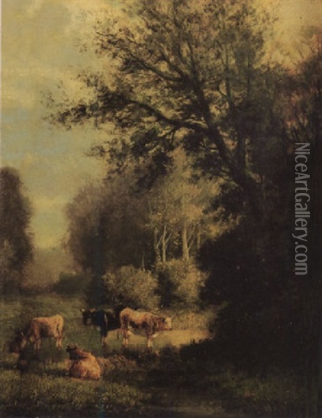 Cows In Landscape Oil Painting - James McDougal Hart
