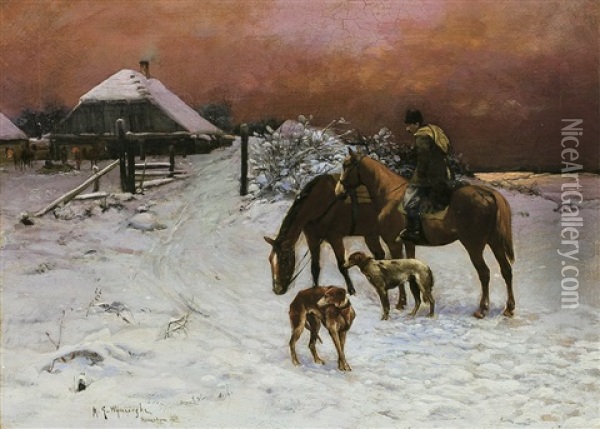 Dawn Before Hunting Oil Painting - Michael Gorstkin-Wywiorski