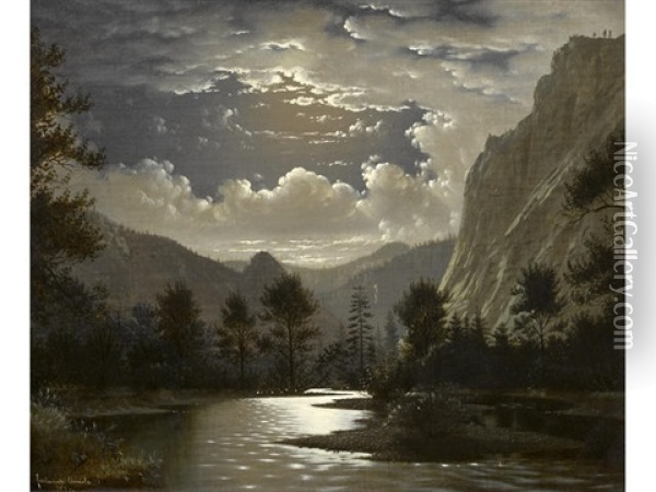 Moonlit River Gorge Oil Painting - Fortunato Arriola
