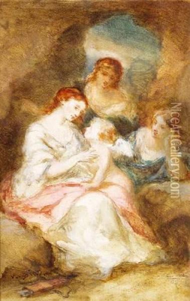 Jeunes Femmes Contemplant L'amour, Circa 1850 Oil Painting - Narcisse-Virgile D Az De La Pena