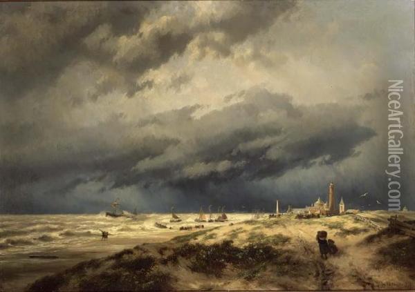 Rescue Near The Coast Of Scheveningen Oil Painting - Johannes Hermann Barend Koekkoek