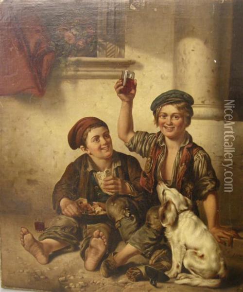 Two Young Boys Drinking With A Dog Oil Painting - Christian Friedrich Gonne