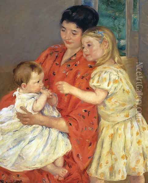 Mother And Sara Admiring The Baby Oil Painting - Mary Cassatt