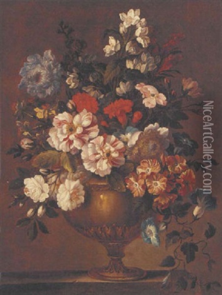 Roses, Bluebells, Carnations And Other Flowers In A Sculpted Urn On A Stone Ledge Oil Painting - Jean-Baptiste Monnoyer