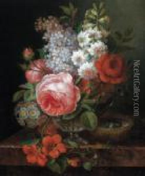 Blumenstraus In Einer Glasernen Vase Oil Painting - Cornelis van Spaendonck